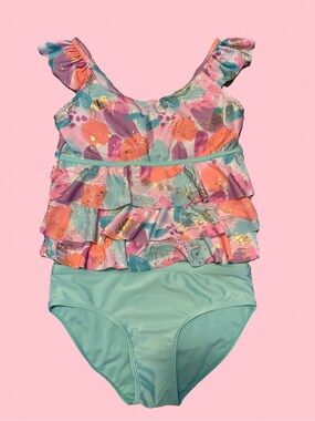 Justice Girls' Mint and Multicolor Ruffle One-Piece Swimsuit Tankini 12/14